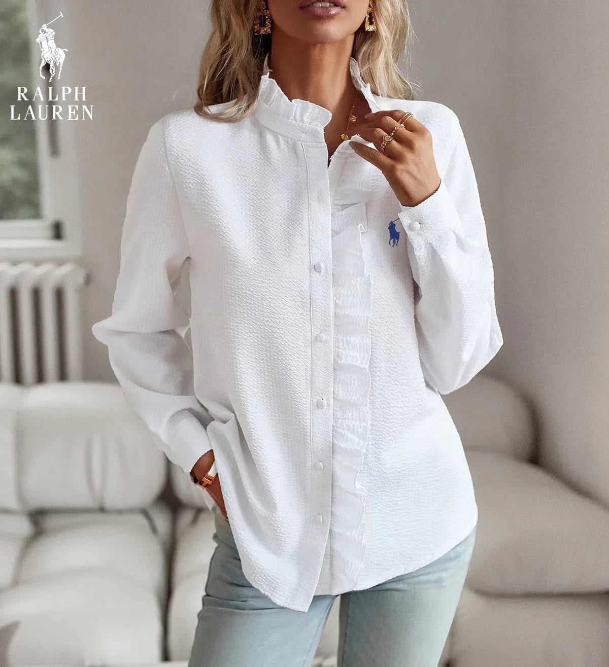 R. Ꮮаᴜгеn Ruffled Button-Up Shirt – Myk Teksturert Passform