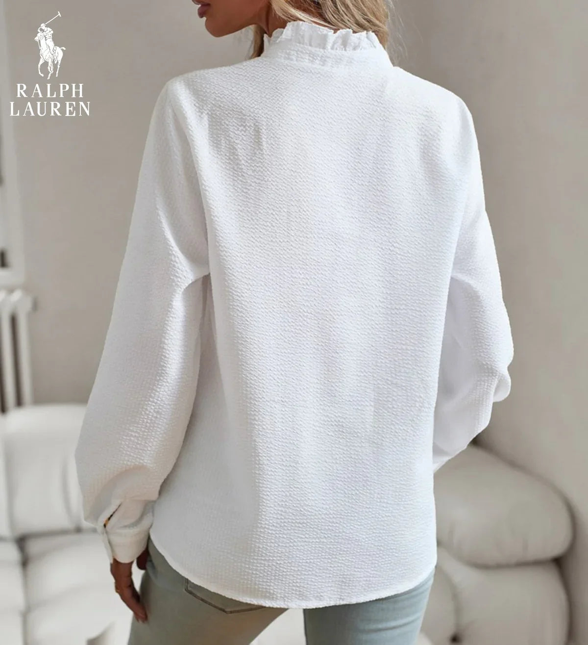 R. Ꮮаᴜгеn Ruffled Button-Up Shirt – Myk Teksturert Passform