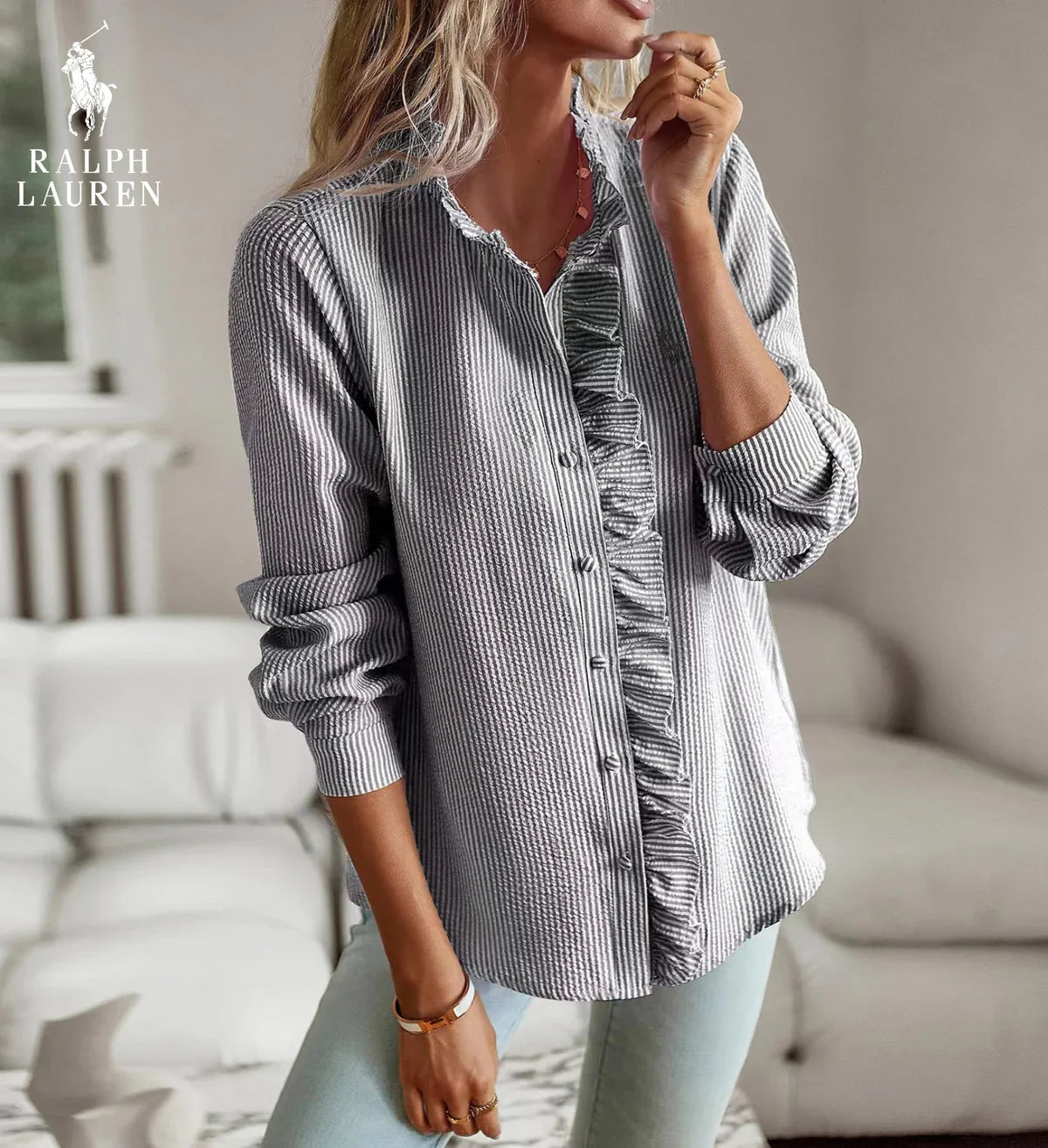 R. Ꮮаᴜгеn Ruffled Button-Up Shirt – Myk Teksturert Passform