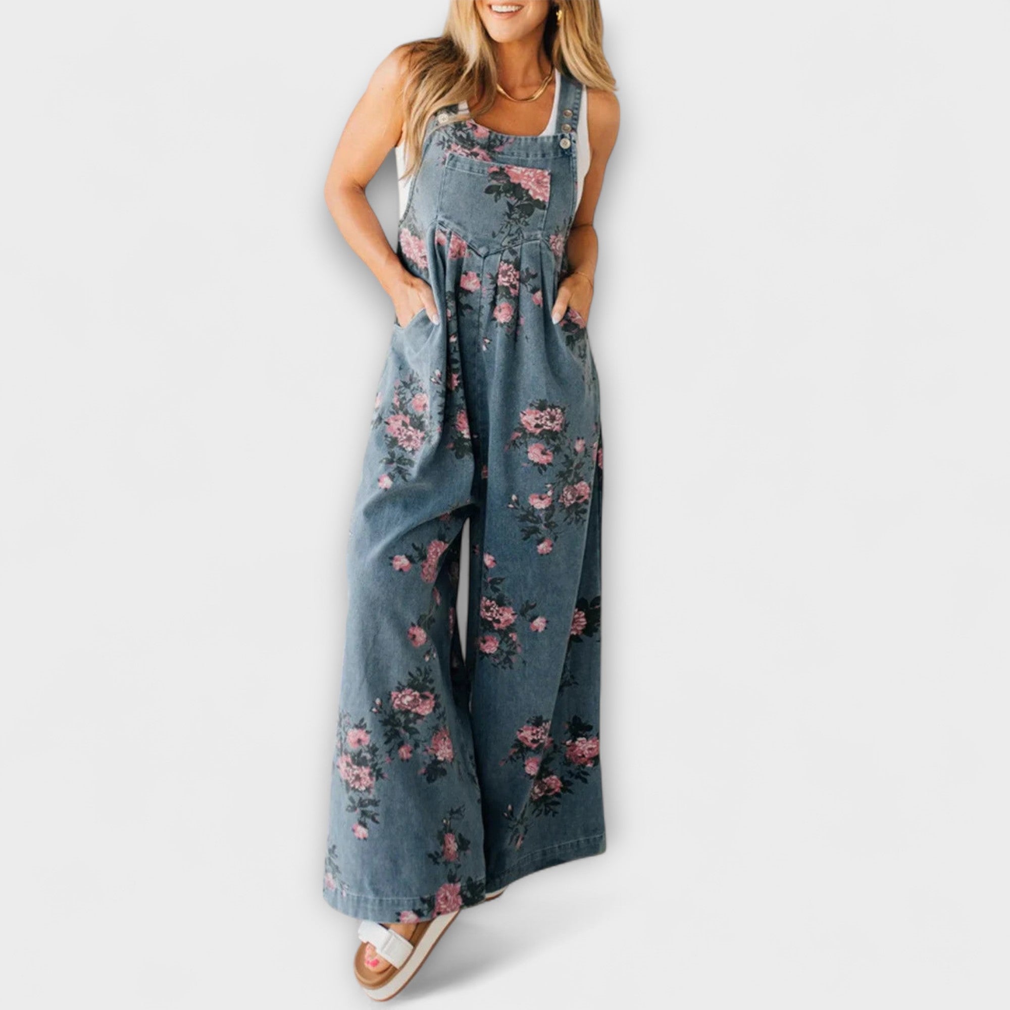 Bethany - Blomster Mønster Bred Denim Overall