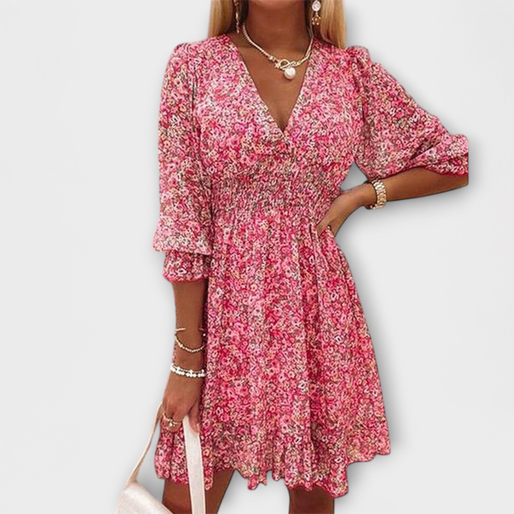 Blomstrete Puff Sleeve Kjole for Kvinner