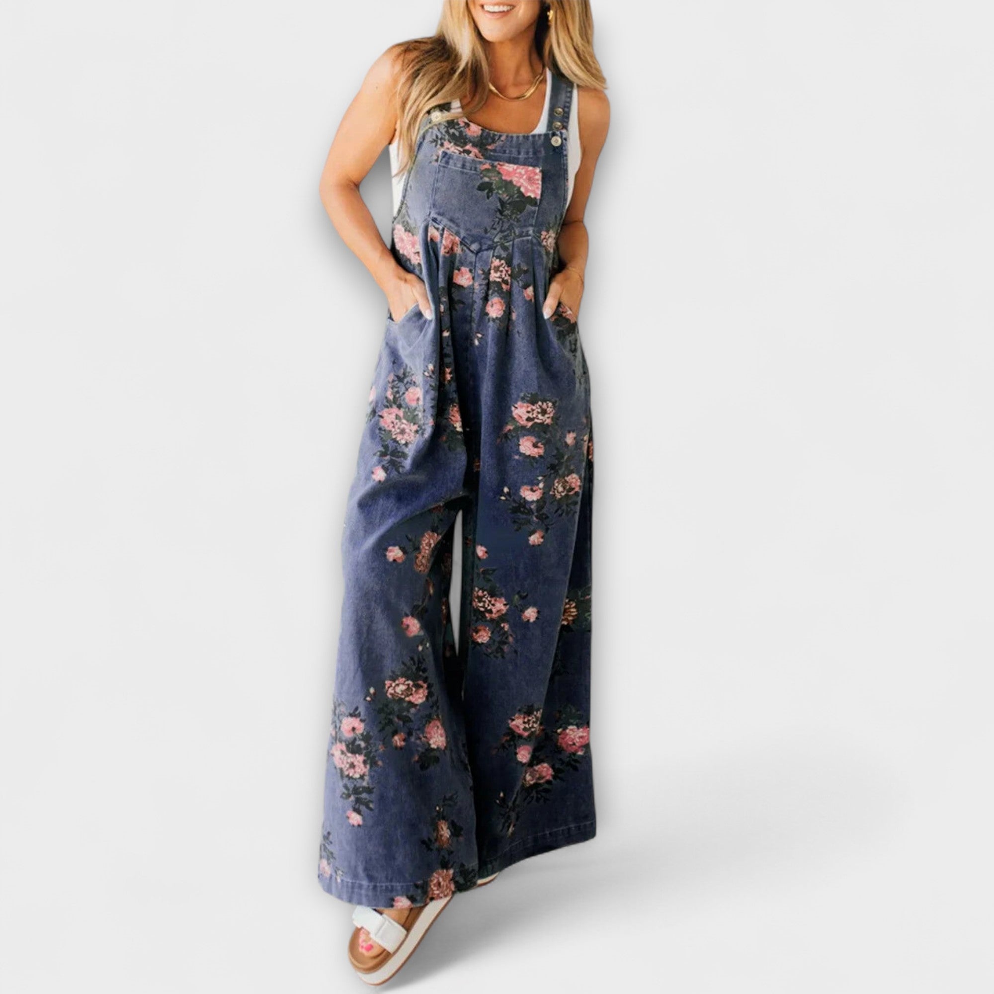 Bethany - Blomster Mønster Bred Denim Overall