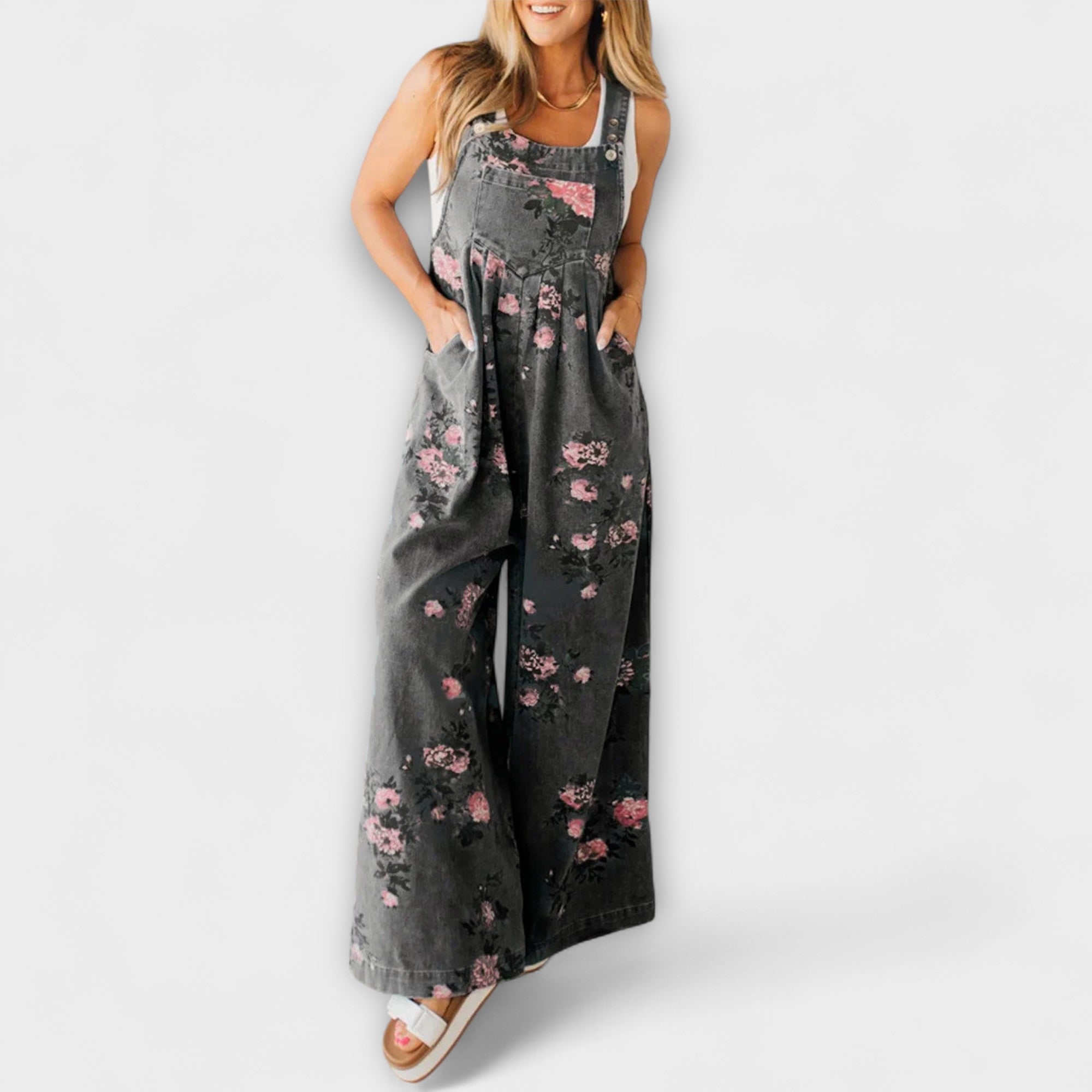 Bethany - Blomster Mønster Bred Denim Overall
