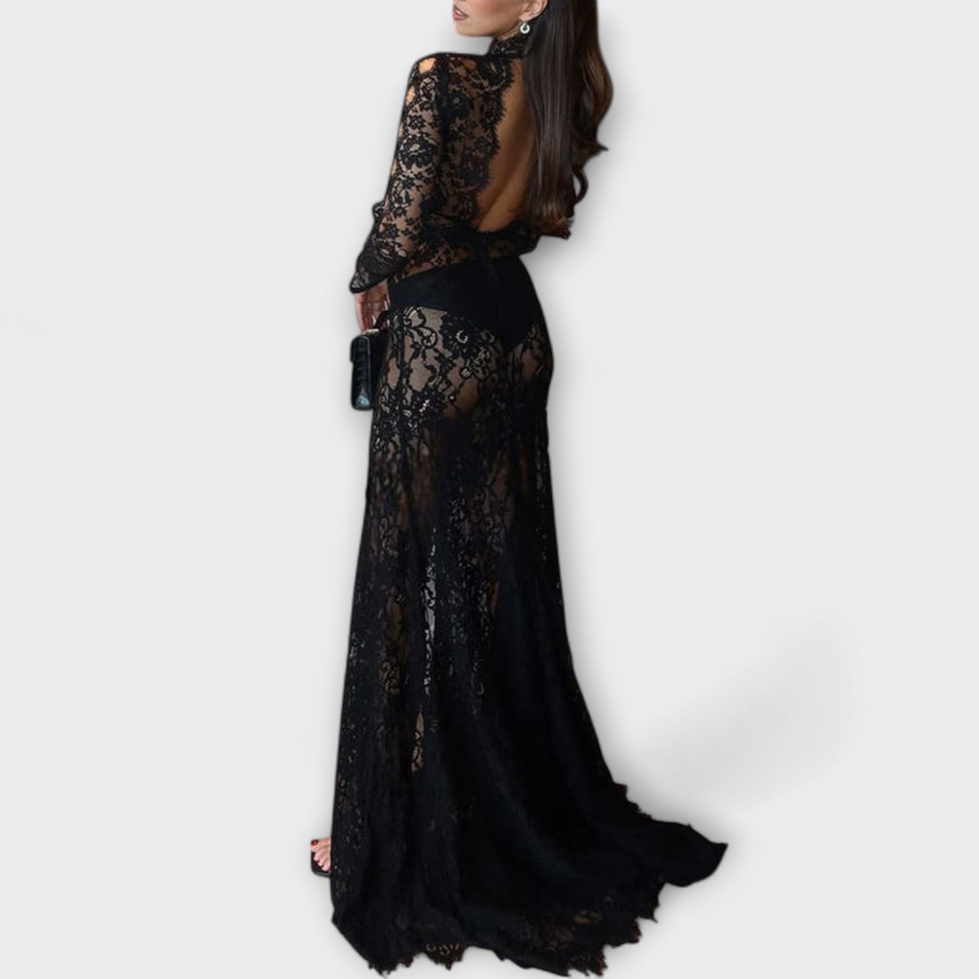 Azalea - Midnight Elegance Gjennomsiktig Utskjæring Langermet Stretch Maxi Kjole