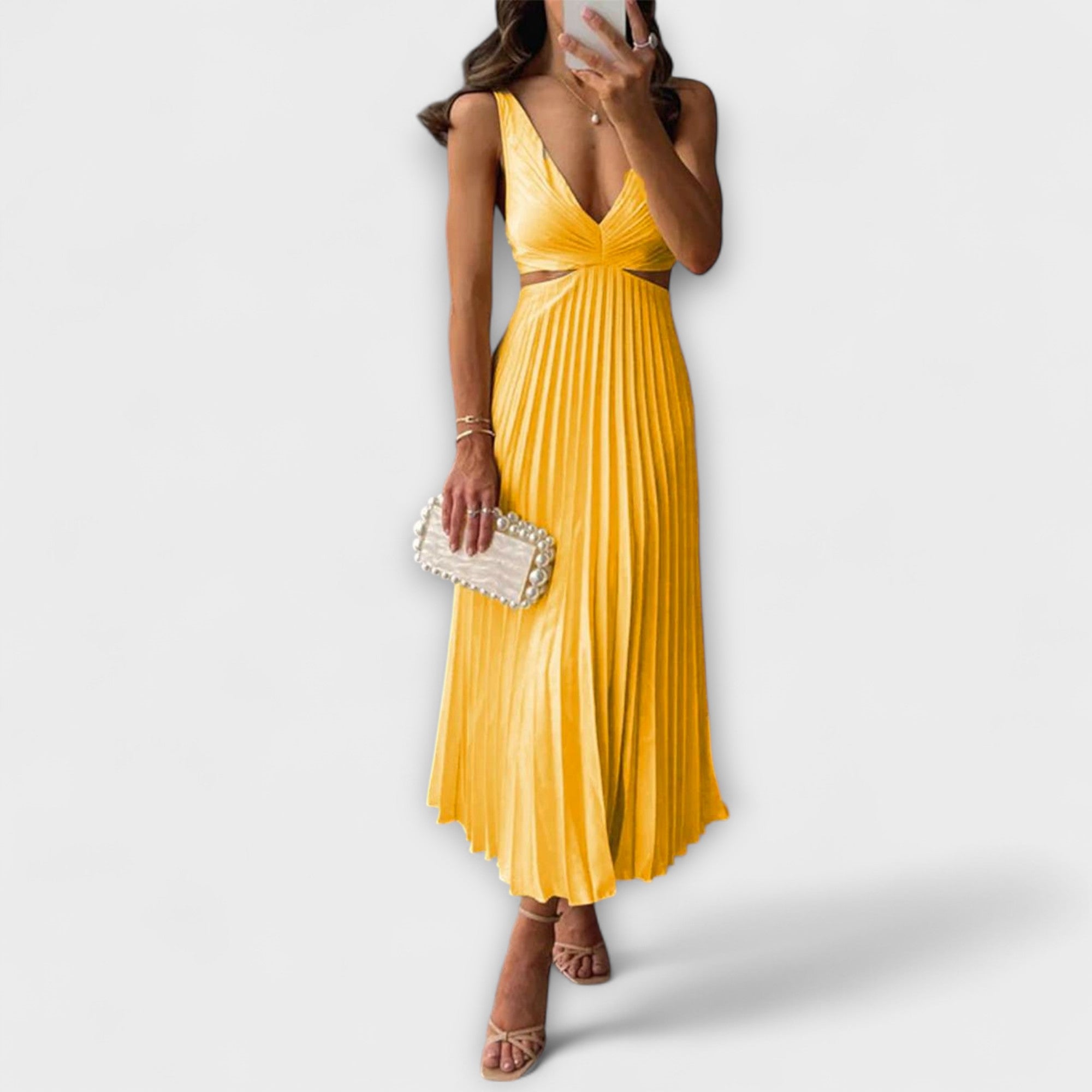 Elegant Midi Kveldsdrakt med Plisseringer