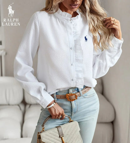 R. Ꮮаᴜгеn Ruffled Button-Up Shirt – Myk Teksturert Passform