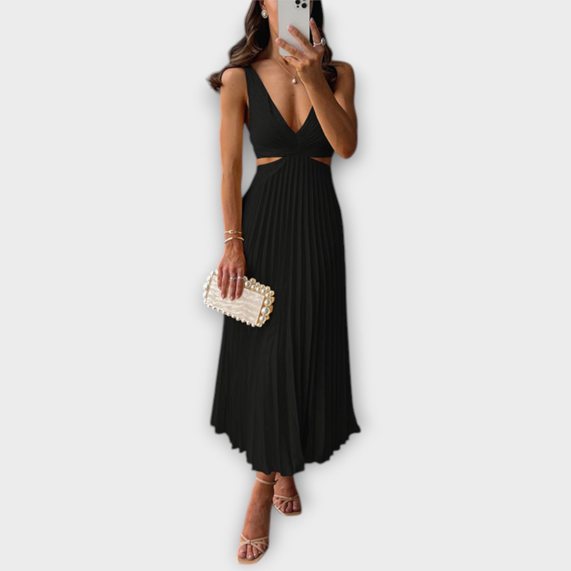 Elegant Midi Kveldsdrakt med Plisseringer