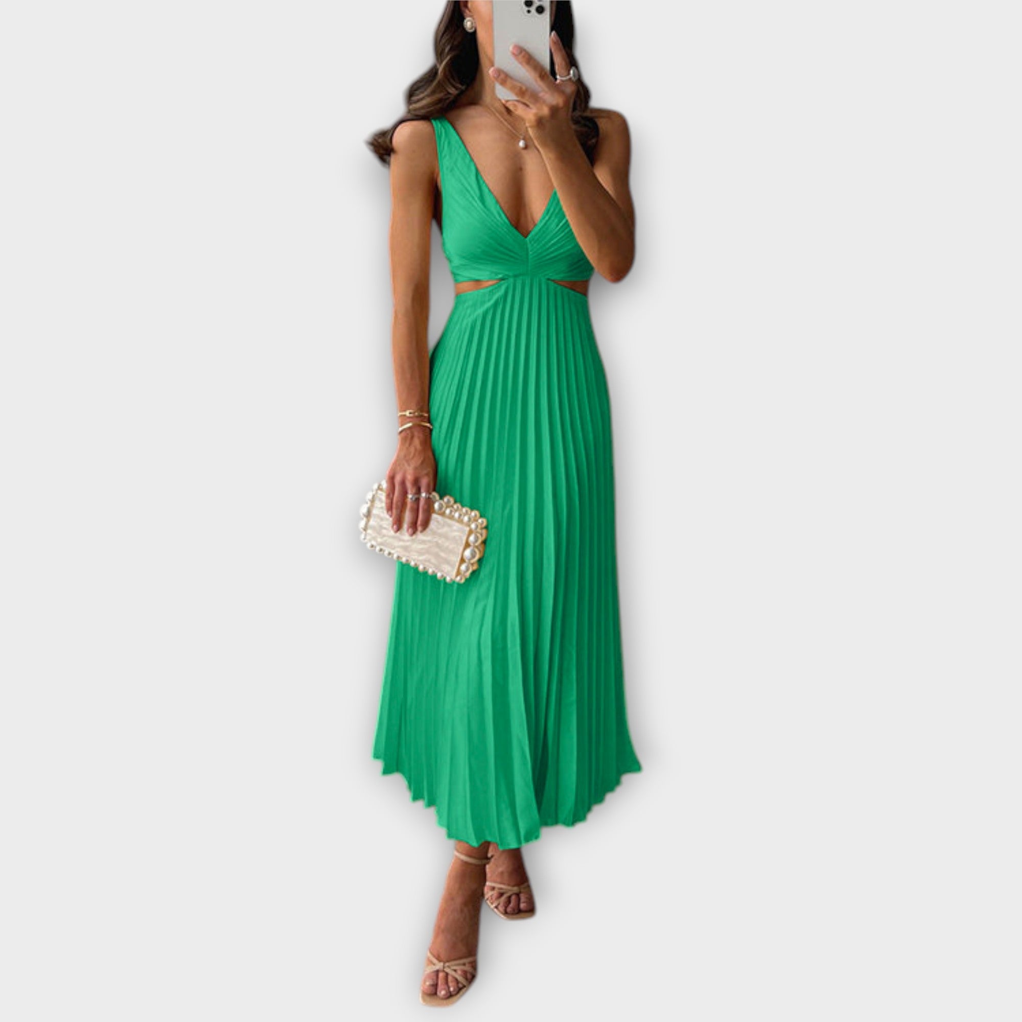 Elegant Midi Kveldsdrakt med Plisseringer