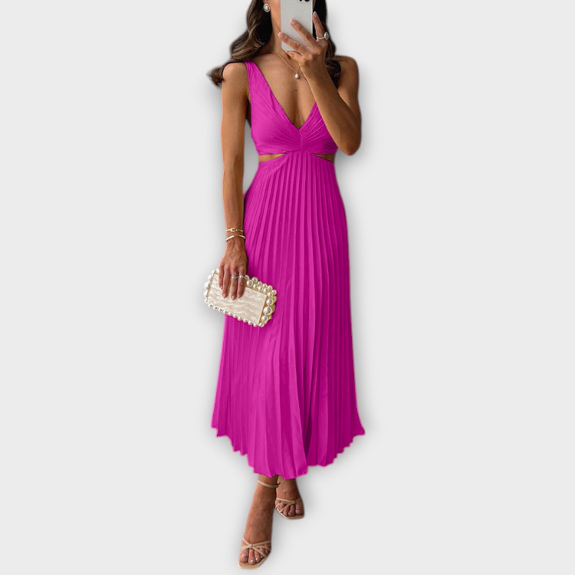 Elegant Midi Kveldsdrakt med Plisseringer