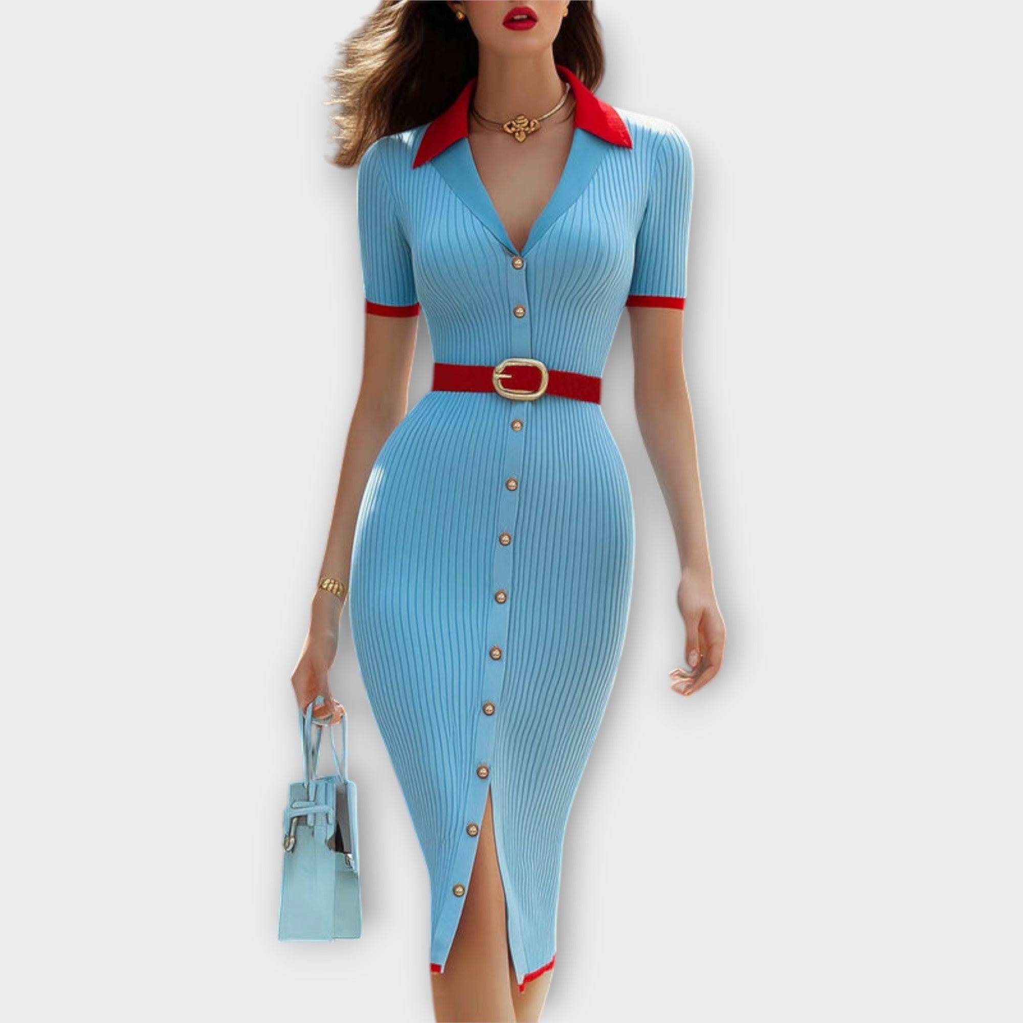 Sina - Chic Baby Blue Ribbet Strikket Blyantskjørt