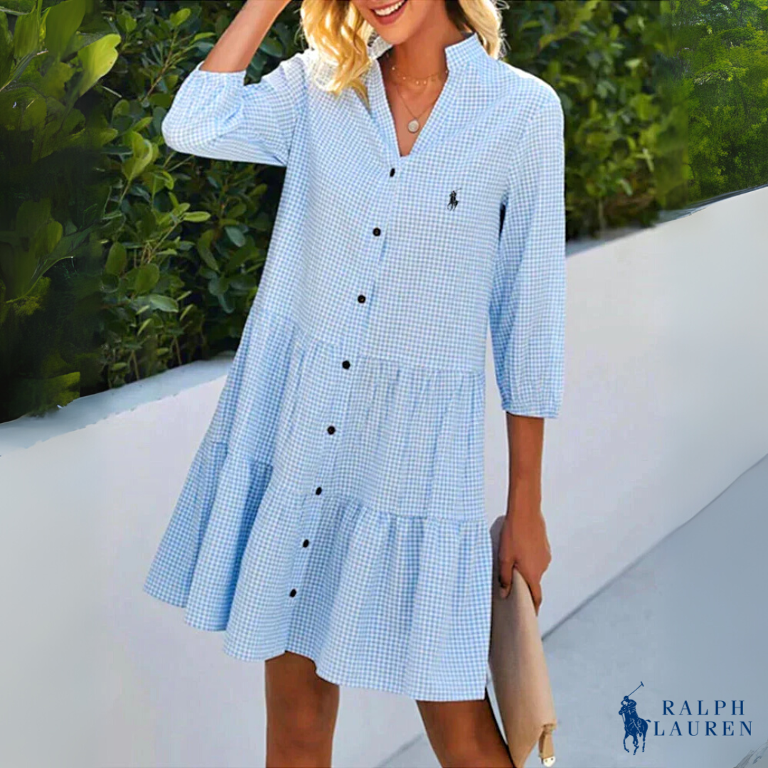 Sommer Chemise Gingham V-Hals Knappe Ned Kjole av Ꮢalph Ꮮаᴜгеn + Gratis Ꮢalph Ꮮаᴜгеn Solhatt