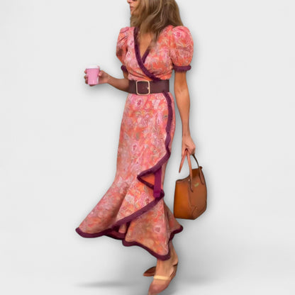 Elegant Rosa Maxi Kjole med Korte Ermer