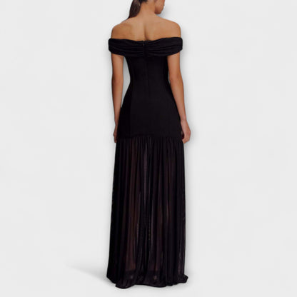 Maelie - Stilig Off-Shoulder Bodycon Maxi Kjole med Blomsterdekorasjoner
