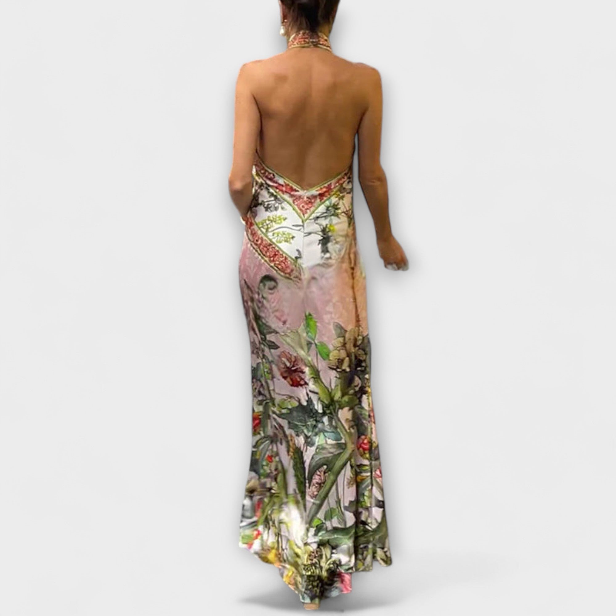 Ayla - Blomster Mønster Uten Ermer Åpen Rygg Maxi Kjole