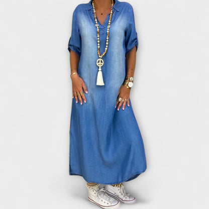 Lea - Lang Denim-Look Kjole med Sideslitt