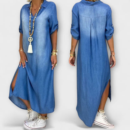 Lea - Lang Denim-Look Kjole med Sideslitt
