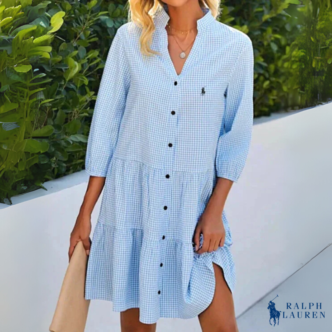 Sommer Chemise Gingham V-Hals Knappe Ned Kjole av Ꮢalph Ꮮаᴜгеn + Gratis Ꮢalph Ꮮаᴜгеn Solhatt