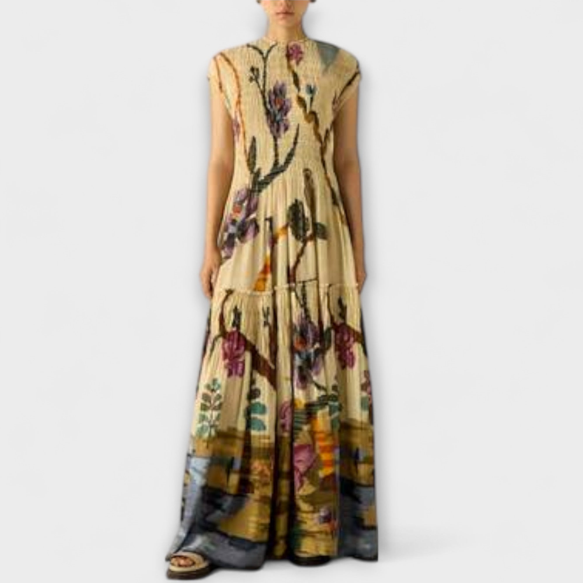 Amanda - Maxi Kjole med Plisserte Printdesign