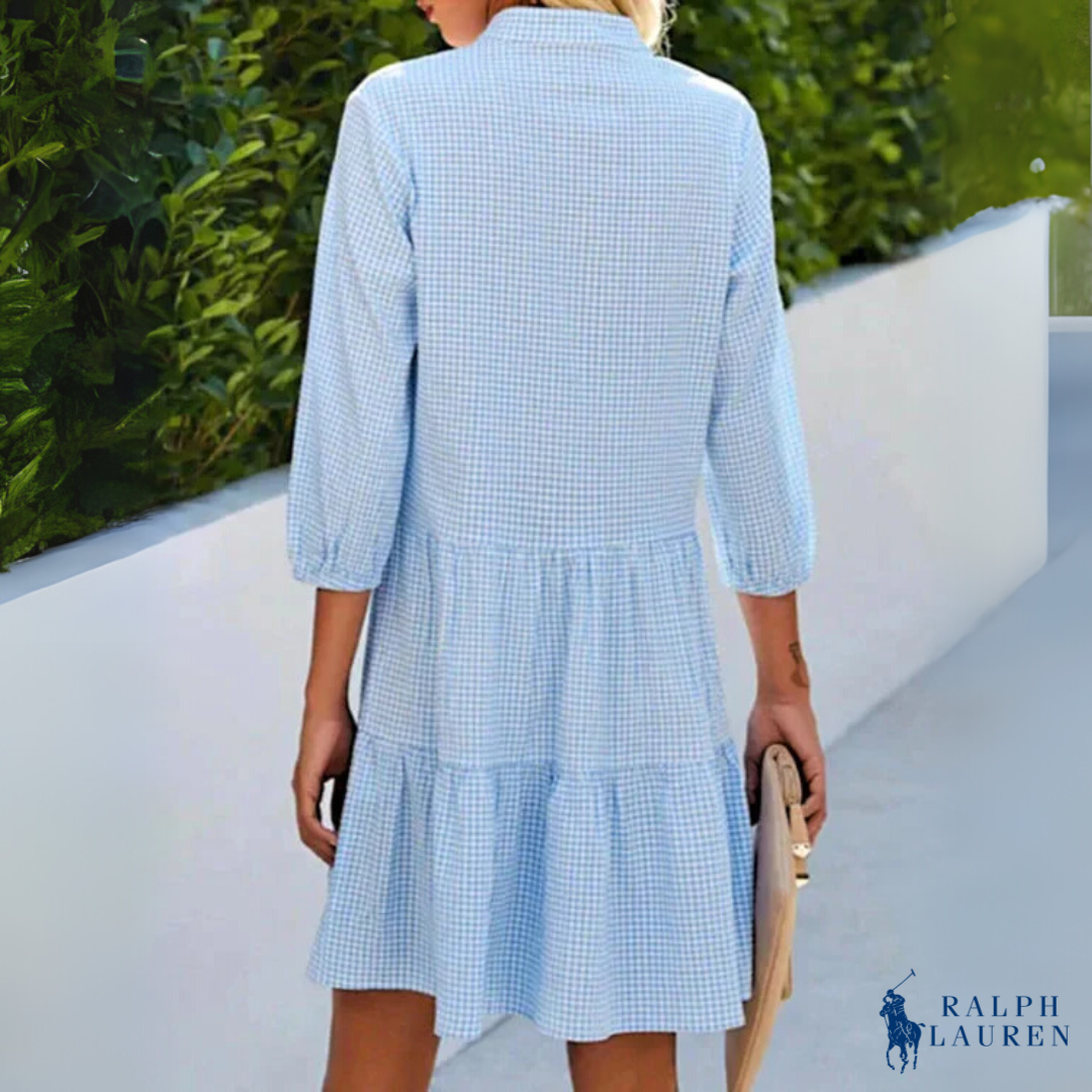 Sommer Chemise Gingham V-Hals Knappe Ned Kjole av Ꮢalph Ꮮаᴜгеn + Gratis Ꮢalph Ꮮаᴜгеn Solhatt