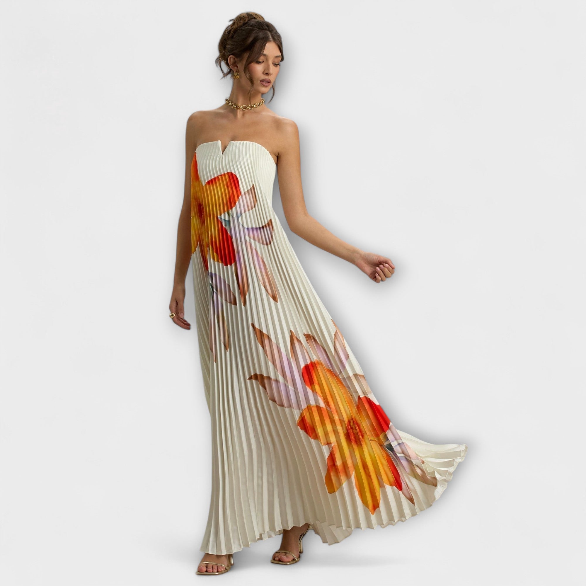 Michelle - Sweetheart Maxi Kjole i Oransje Blomster