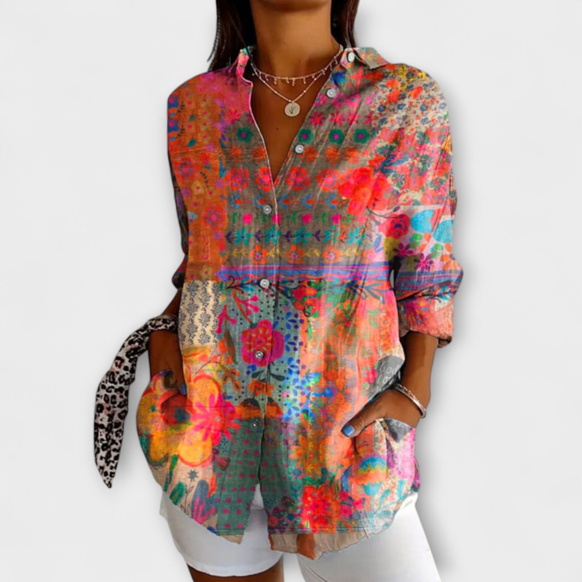 Damebluse med Blomsterprint og Lange Ermer