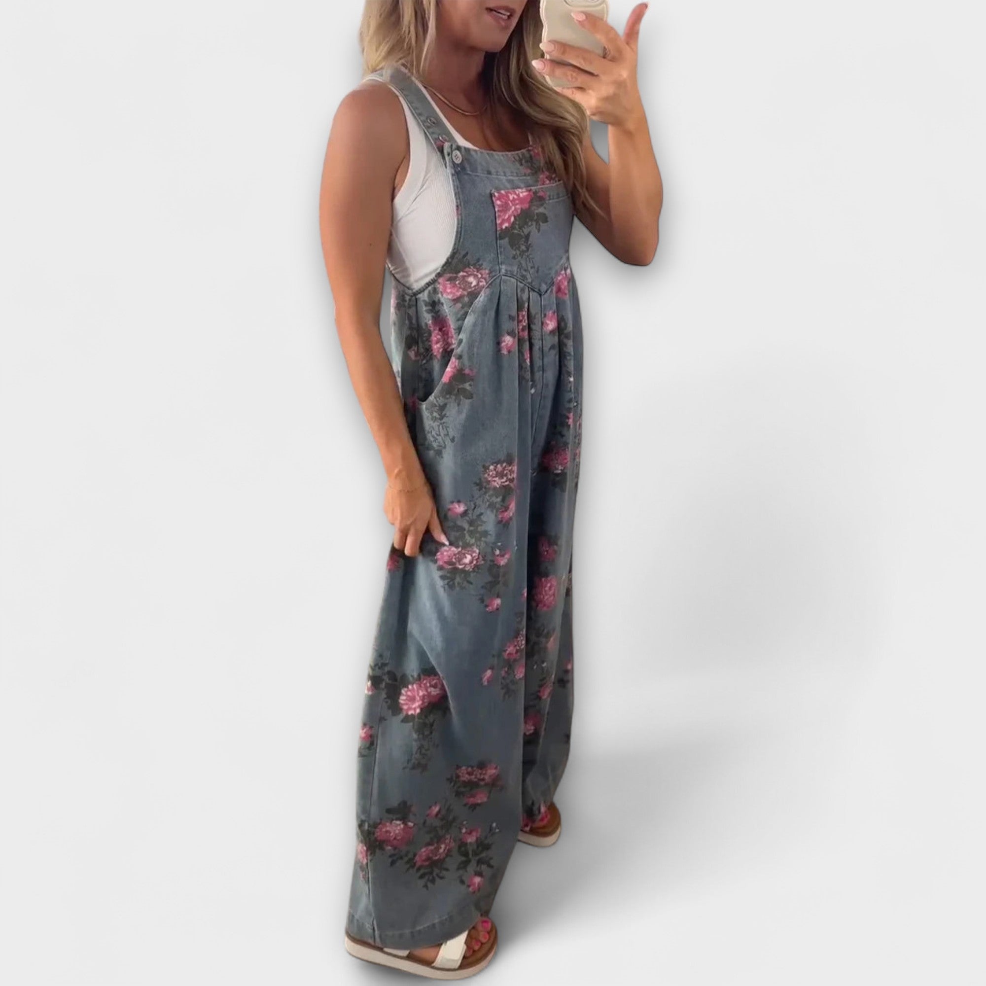Bethany - Blomster Mønster Bred Denim Overall