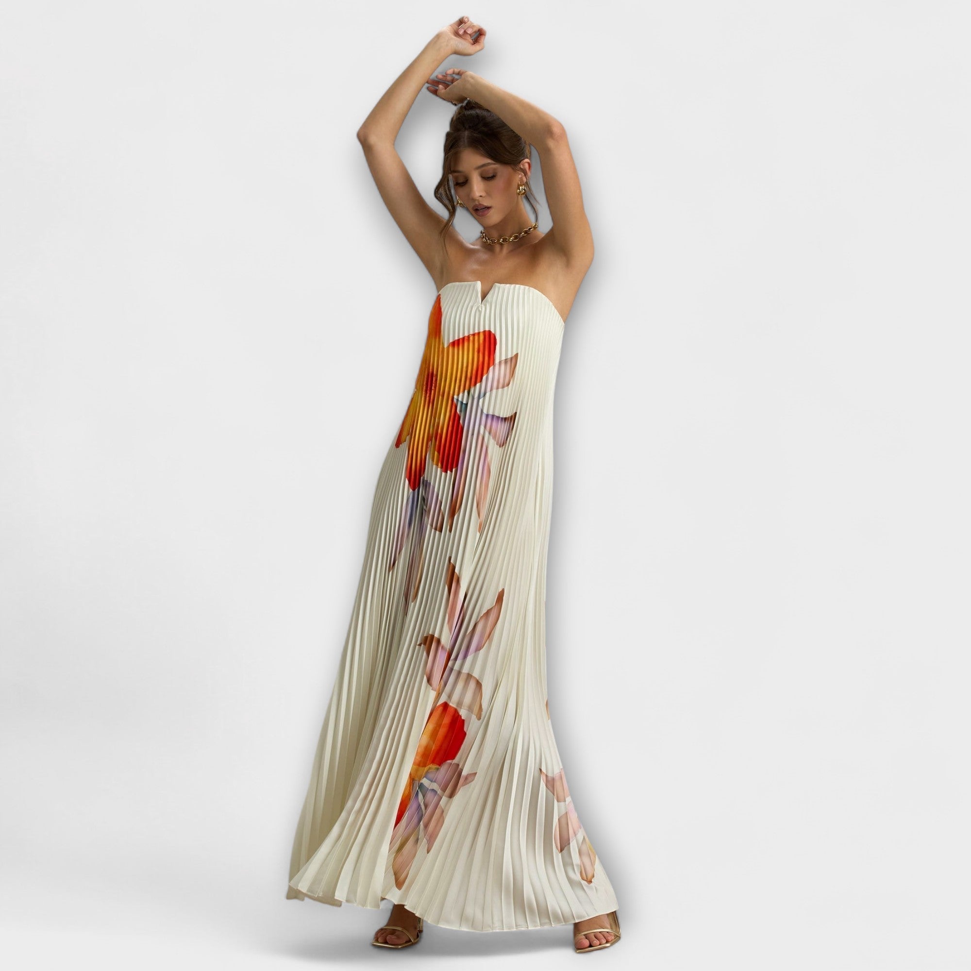 Michelle - Sweetheart Maxi Kjole i Oransje Blomster