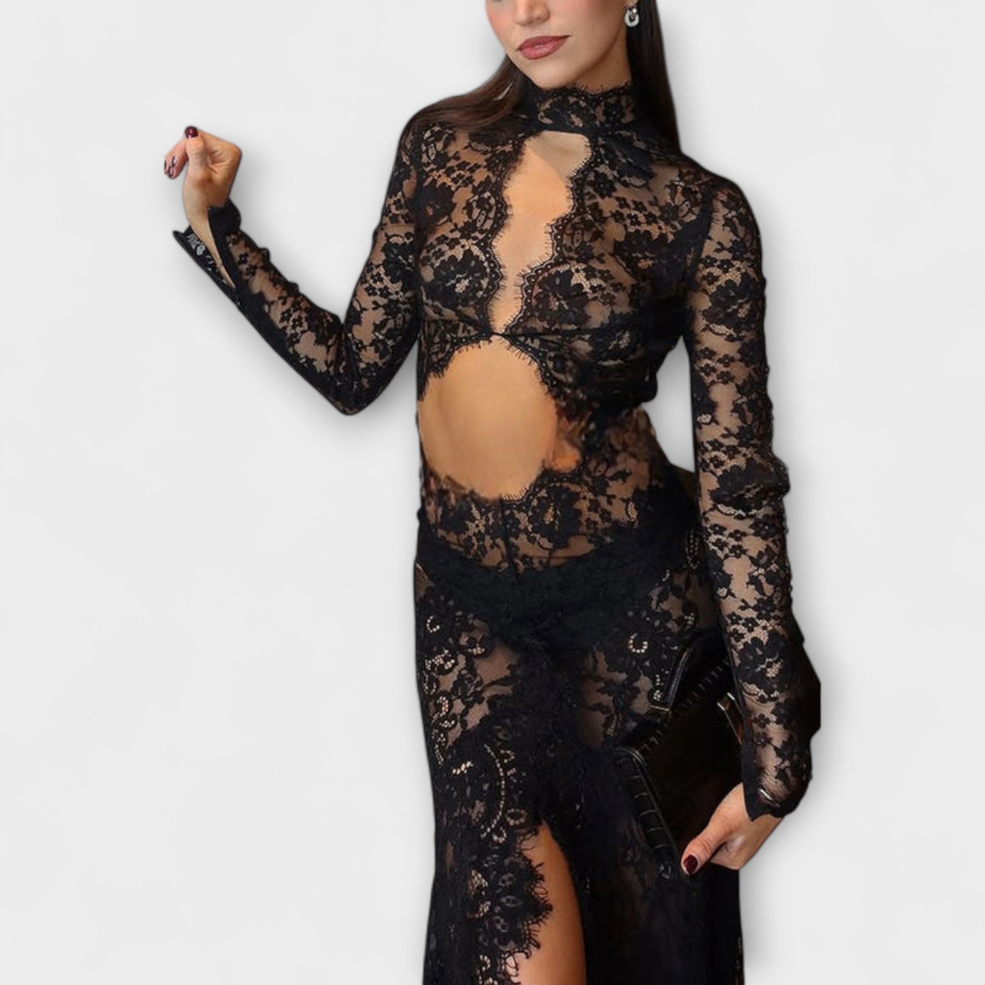Azalea - Midnight Elegance Gjennomsiktig Utskjæring Langermet Stretch Maxi Kjole