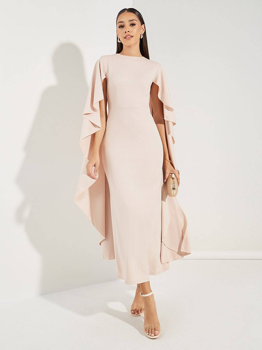 Rachel - Lys rosa midi-kjole med V-hals og chiffon-ermer