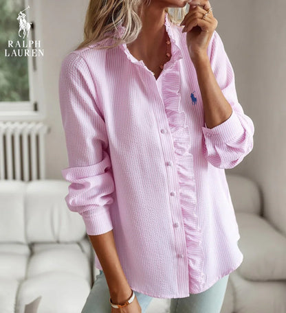 R. Ꮮаᴜгеn Ruffled Button-Up Shirt – Myk Teksturert Passform
