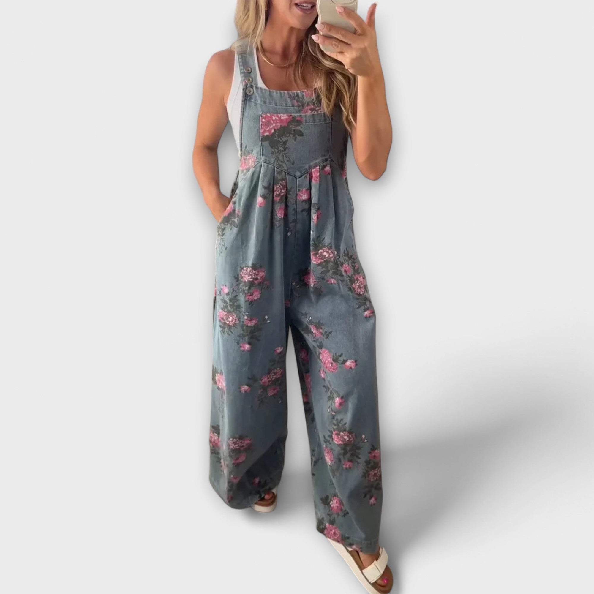 Bethany - Blomster Mønster Bred Denim Overall