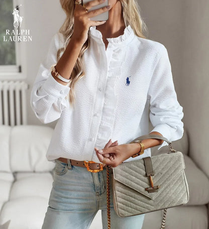 R. Ꮮаᴜгеn Ruffled Button-Up Shirt – Myk Teksturert Passform