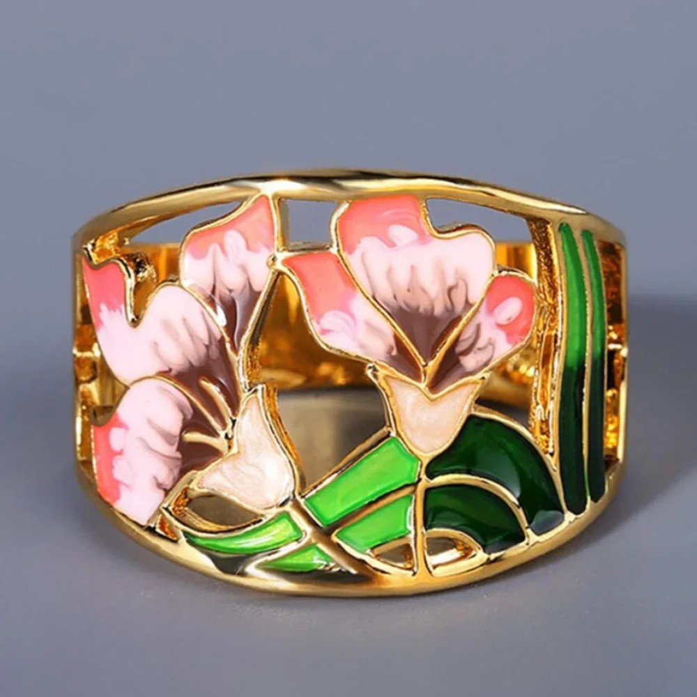 Retro Gull Emalje Blomster Ring
