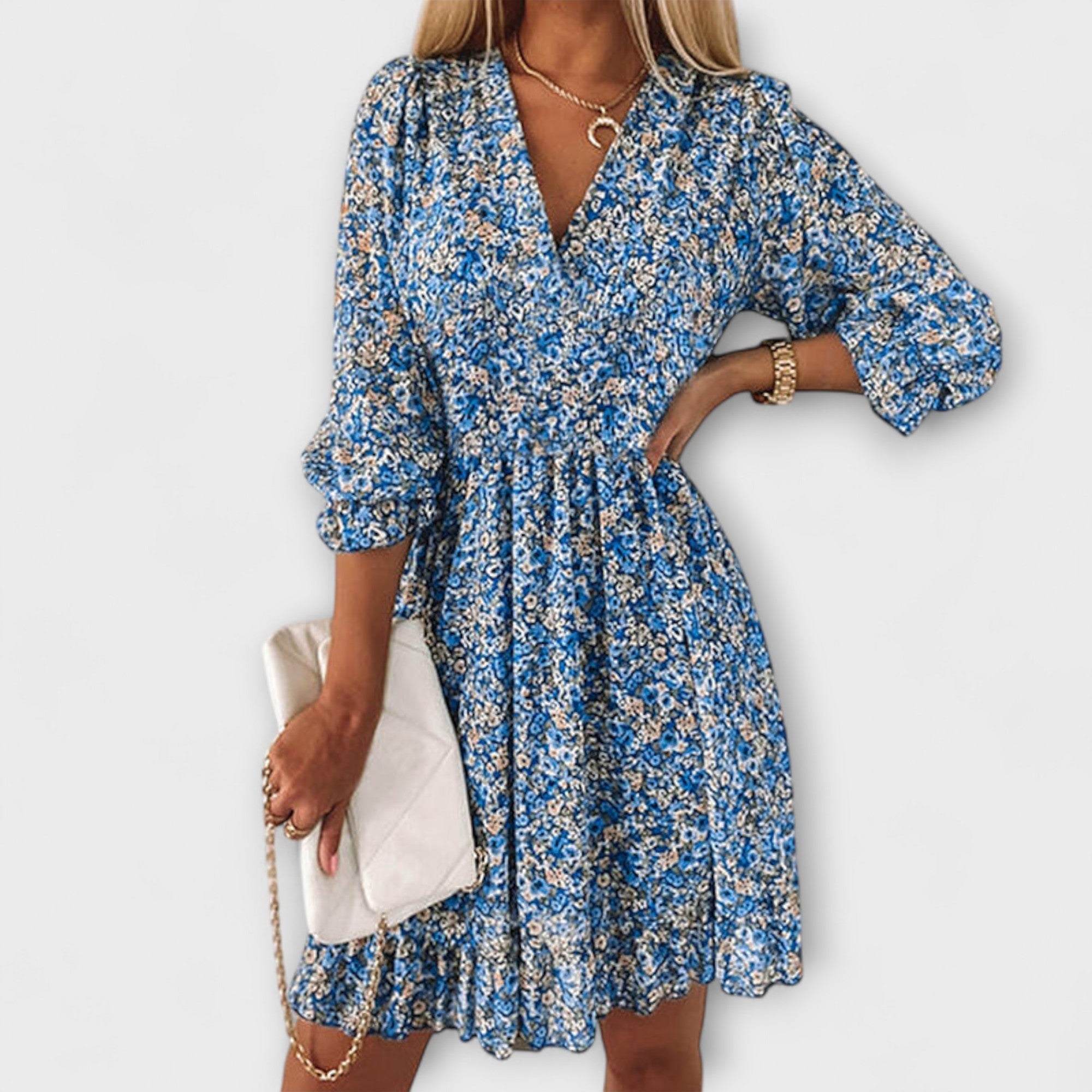 Blomstrete Puff Sleeve Kjole for Kvinner