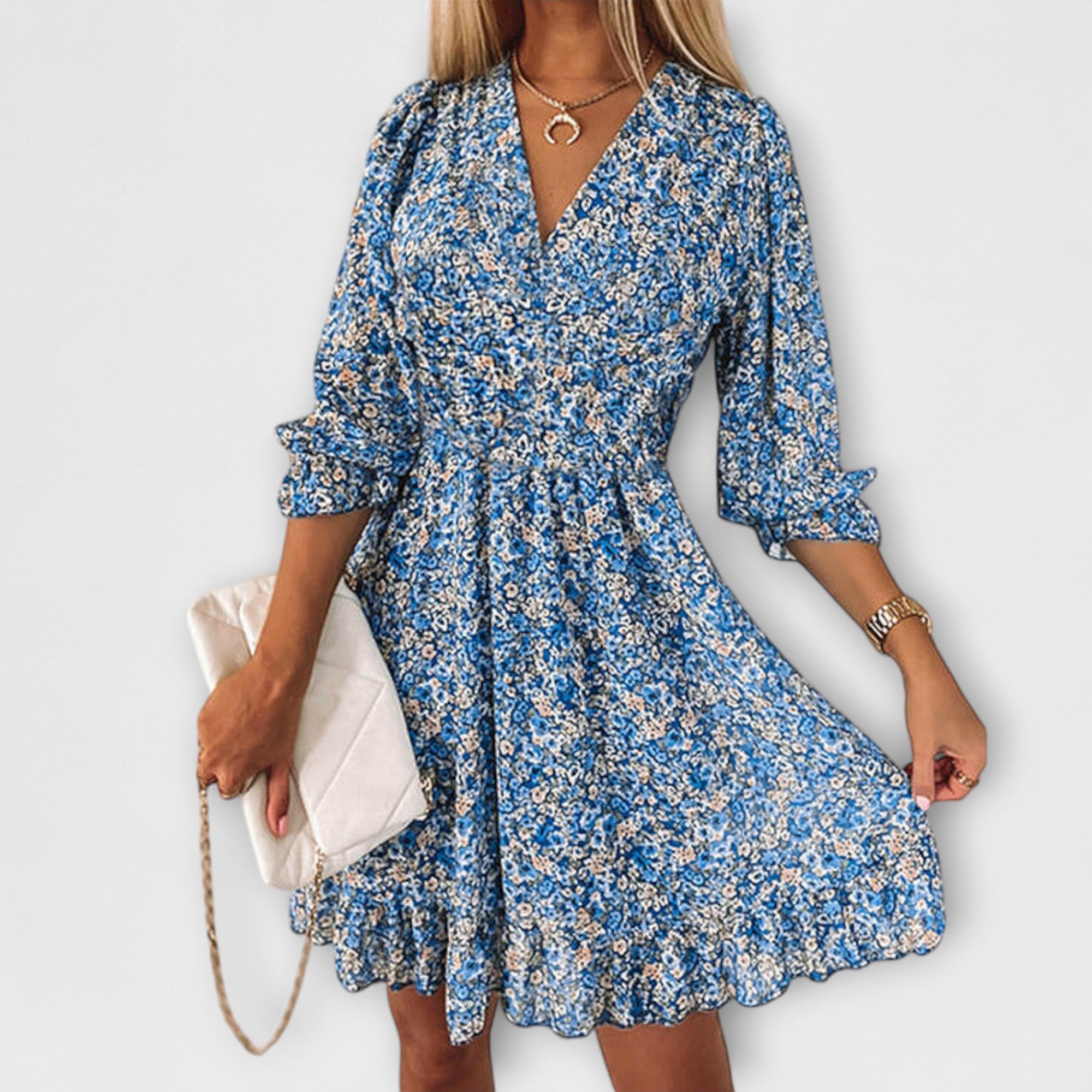 Blomstrete Puff Sleeve Kjole for Kvinner