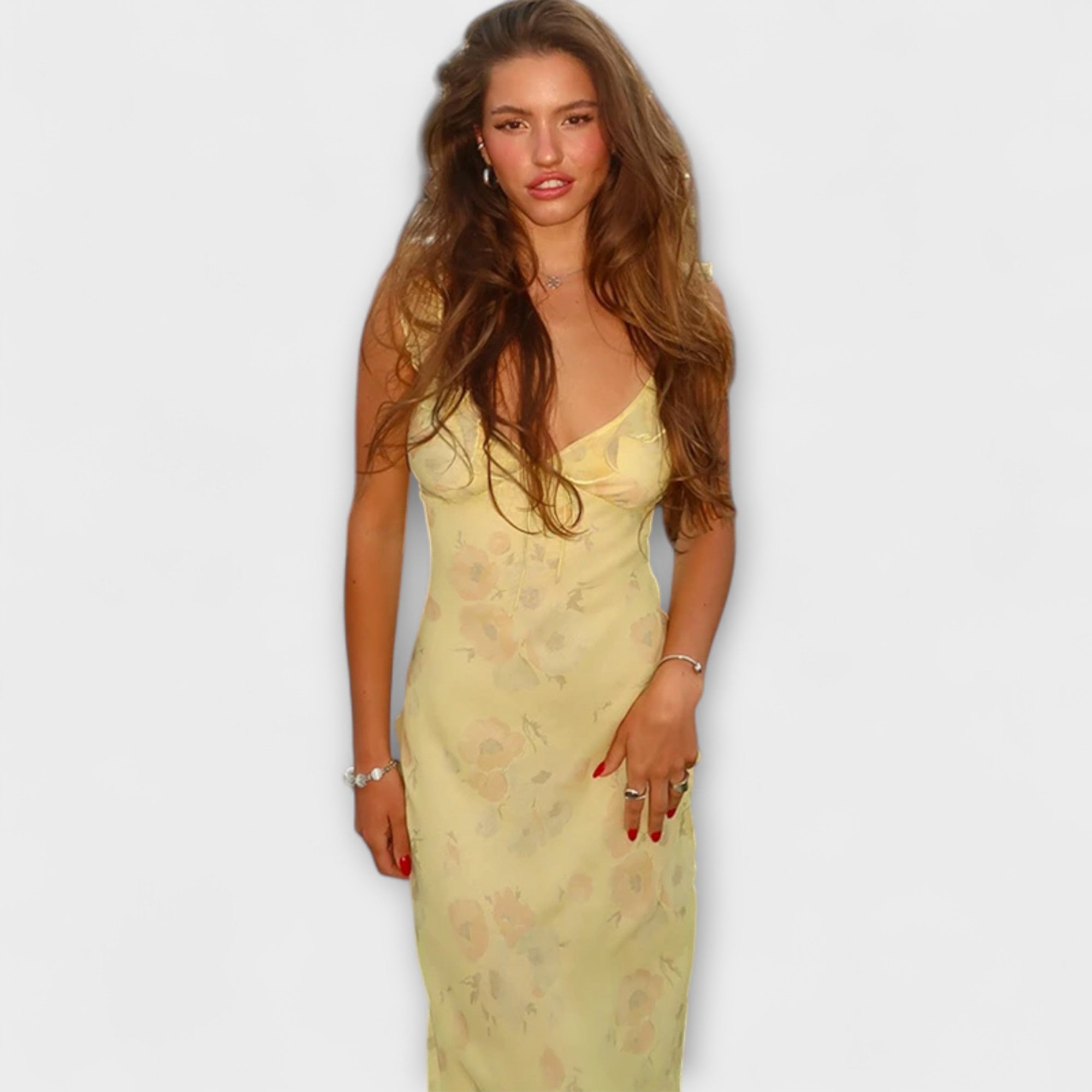 Kryptografisk Blomstertrykk Plunge Maxi Kjole
