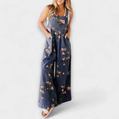 Bethany - Blomster Mønster Bred Denim Overall