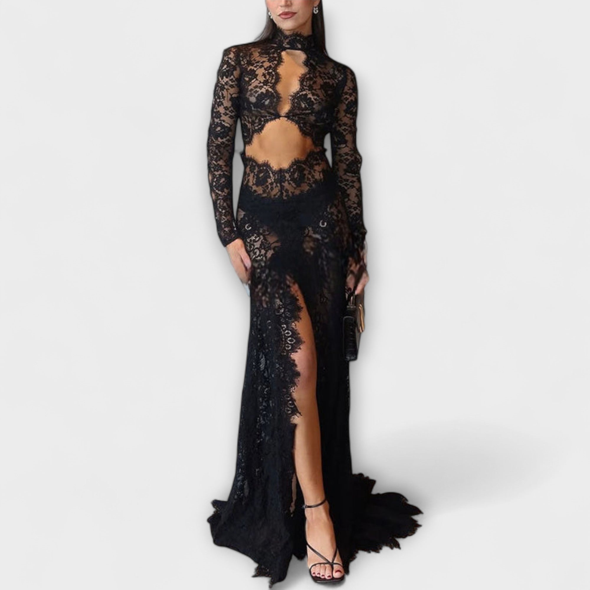 Azalea - Midnight Elegance Gjennomsiktig Utskjæring Langermet Stretch Maxi Kjole