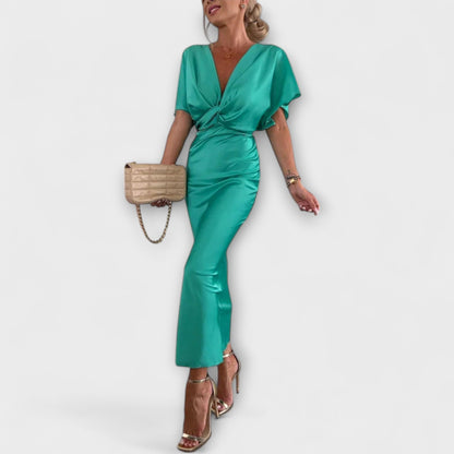 Sable - Solid Satin V-Hals Krysse Knute Slim Fit Maxi Kjole